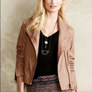 ANTHROPOLOGIE DOLAN Toffee Leather Jacket with Funnel Neck & Assymmetric Zip, S